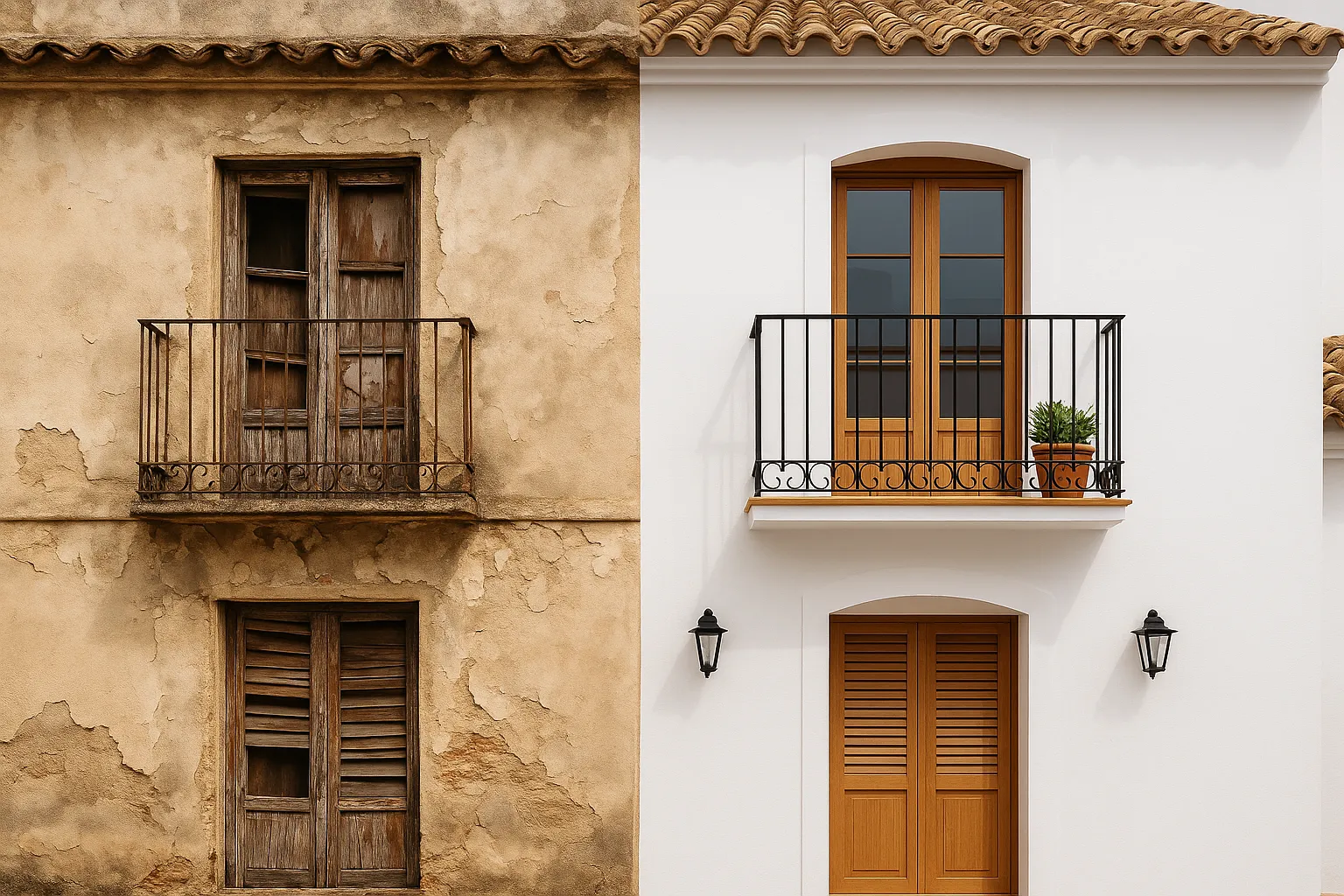Half-renovated Spanish facade showing old versus new construction